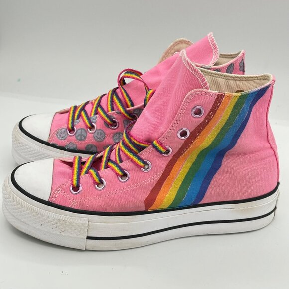 Converse All Star high tops women size 8 pink rainbow peace signs - Picture 3 of 7
